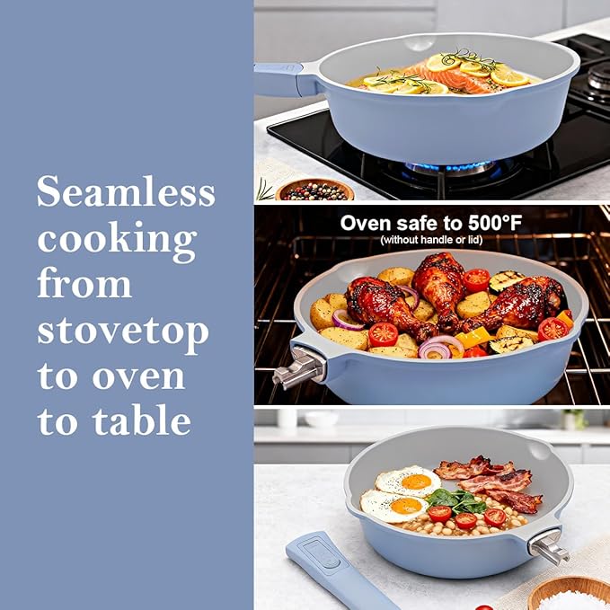 10 Inch Saute Pan with Lid, Ceramic Deep Frying Pans Nonstick, 4 Qt Non Stick Skillet with Lid, Compatible with All Stovetops, Detachable Handle, Oven Safe, PFOA Free, Blue