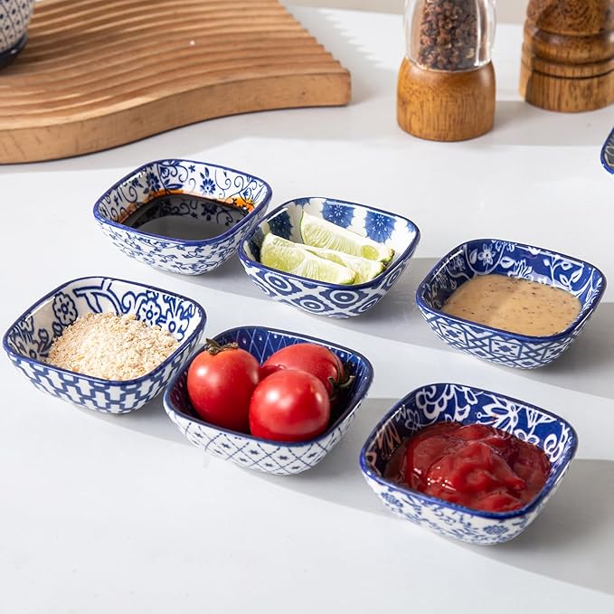Square Dipping Bowls Set - Mini 2.6 OZ Ceramic Soy Sauce Dishes - 3 inch Small Bowls for Charcuterie, Condiments, Side Dish BBQ, Ramekins Pinch Bowls for Kitchen Prep - Set of 6 - Vintage Blue