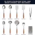 Home Hero Stainless Steel Kitchen Utensils Set - Wood Handle Nonstick Stainless Steel Cooking Utensils Set - Heat Resistant Kitchen Essentials & Metal Kitchen Gadgets (Silver & Wood)