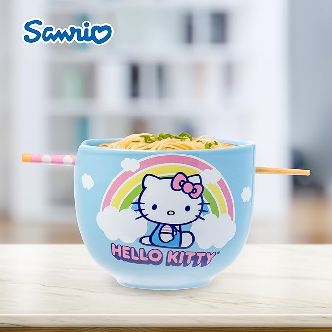 Silver Buffalo Hello Kitty Rainbow and Clouds Ceramic Ramen Noodle Rice Bowl with Chopsticks, Microwave Safe, 20 Ounces