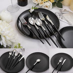 DaYammi 30 Guests Black Plastic Plates with Disposable Silverware,Silver Cutlery with Black Handle,Silver Disposable Dinnerware:60 Dinner/Dessert Plates,90 Plastic Silverware Set for Party Wedding