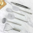 Tovolo Silicone Cooking Utensil Set of 6 Stainless Steel Handle Ladle Slotted Turner Tongs Flex Core Spatula Scraper Mixing Spoon & Potato Masher, Dishwasher Safe BPA Free Utensils, Oyster Gray