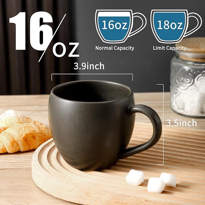Coffee Mugs Set of 4, Stoneware 18 oz Coffee Mugs for Cappuccino Latte Cocoa and Tea, Ceramic Coffee Cups with Handle,Black Mugs for Housewarming Gifts, Microwave and Dishwasher Safe