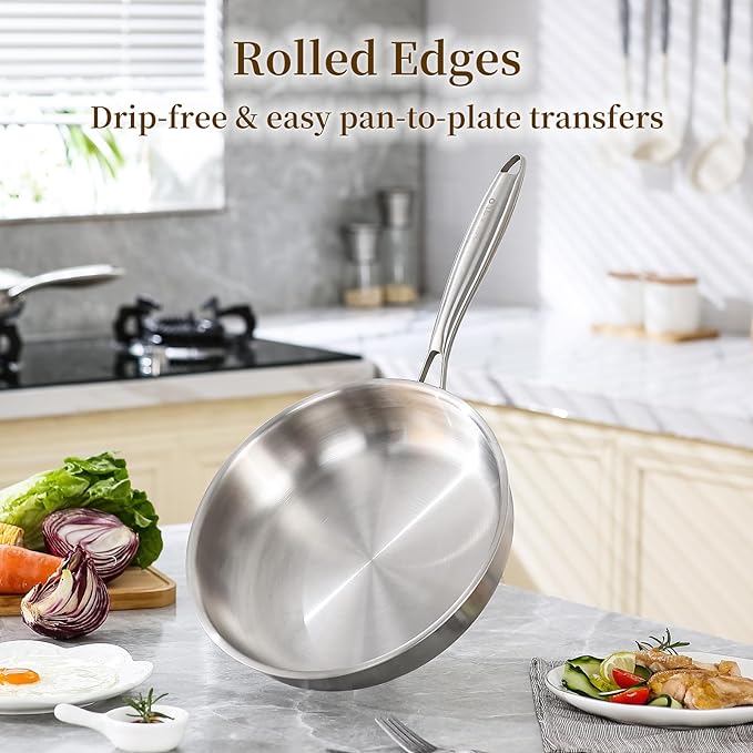 DELARLO Tri-Ply Stainless Steel Pan, 18/10 Frying Pan, Oven Safe Up to 600°F, Nontoxic Cookware, Compatible with All Cooktops Skillet, Durable, Fast Even Heat Fry Pan,9+11 inch Pan