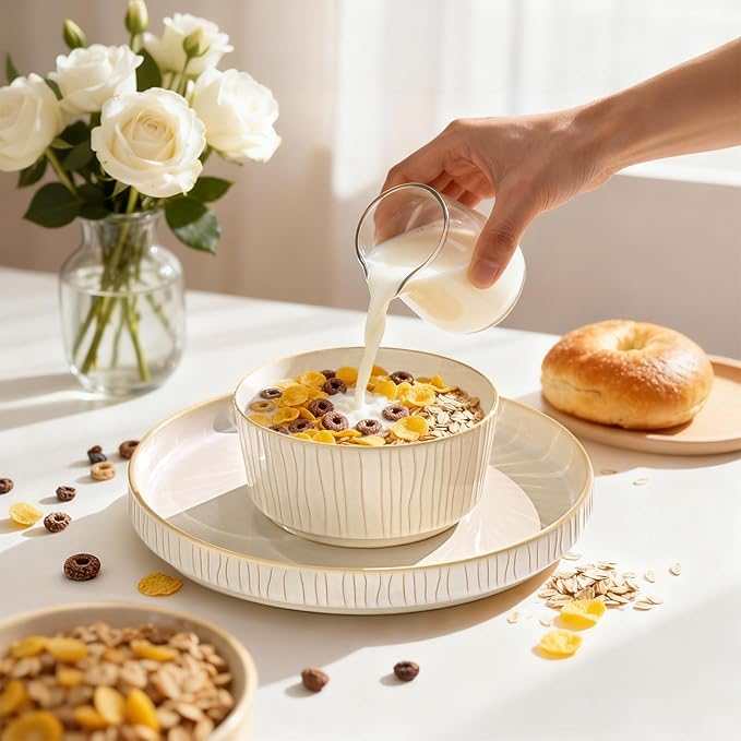 Reactive Glaze Ceramic Plates and Bowls Sets for 4, Stoneware Dinnerware Sets, Housewarming Gifts, Chip Resistant Microwave Dishwasher Safe, 12 Pcs Dish Set White
