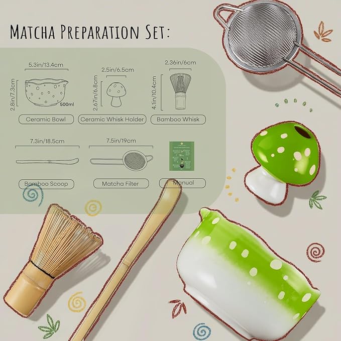 Cute Mushroom Matcha Bowl Set, Traditional Japanese Matcha Tea Ceremony Kit, Handcrafted Ceramic Whisk Holder and Bowl, Green