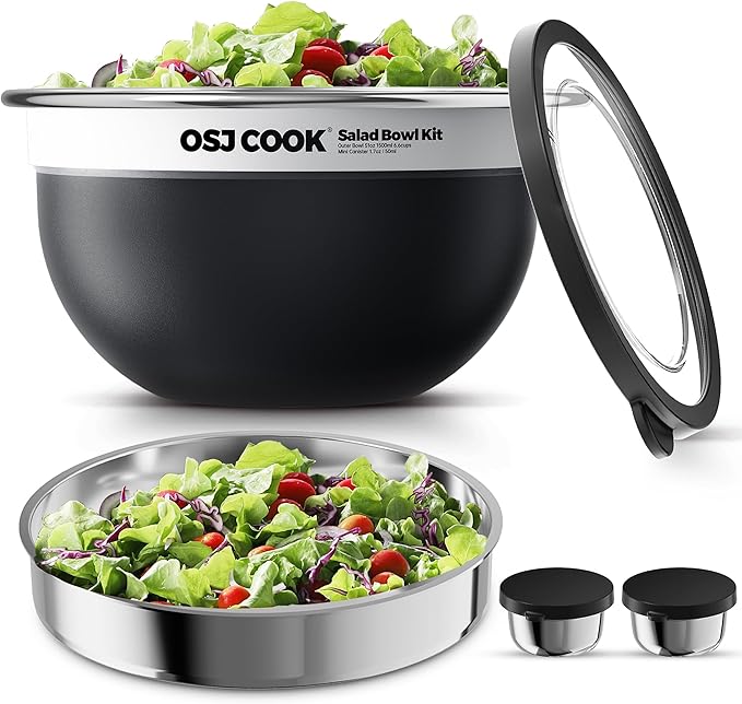 18/8 Stainless Steel Salad Bowl Kit - 74oz, Salad Bowls to go for Lunch, Comes with 1.7oz Condiment Container and Removable Tray for Organization - Leak-Proof, Dishwasher Safe (Black)