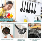 TeamFar Silicone Cooking Utensil Set of 7, Black Kitchen Nonstick Tools Turner Spoon Spatula Ladle Pasta Server for Nonstick Cookware, Healthy & One-Piece, Anti-Heat & Dishwasher Safe