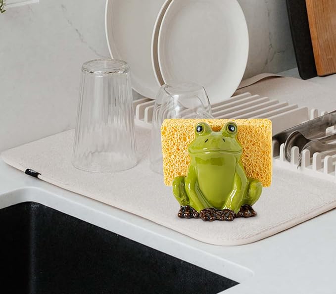 dgudgu Frog Sponge Holder for Kitchen Sink Cute Kitchen Sponge Holder Ceramic Kitchen Sink Sponge Holder Durable Sink Scrubber Holder