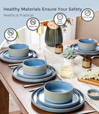 GBHOME 12-Piece Stoneware Dinnerware Set for 4 – Ribbed Ceramic Plates and Bowls, Scratch-Resistant, Microwave & Dishwasher Safe, Reactive Glaze, Alaskan Blue