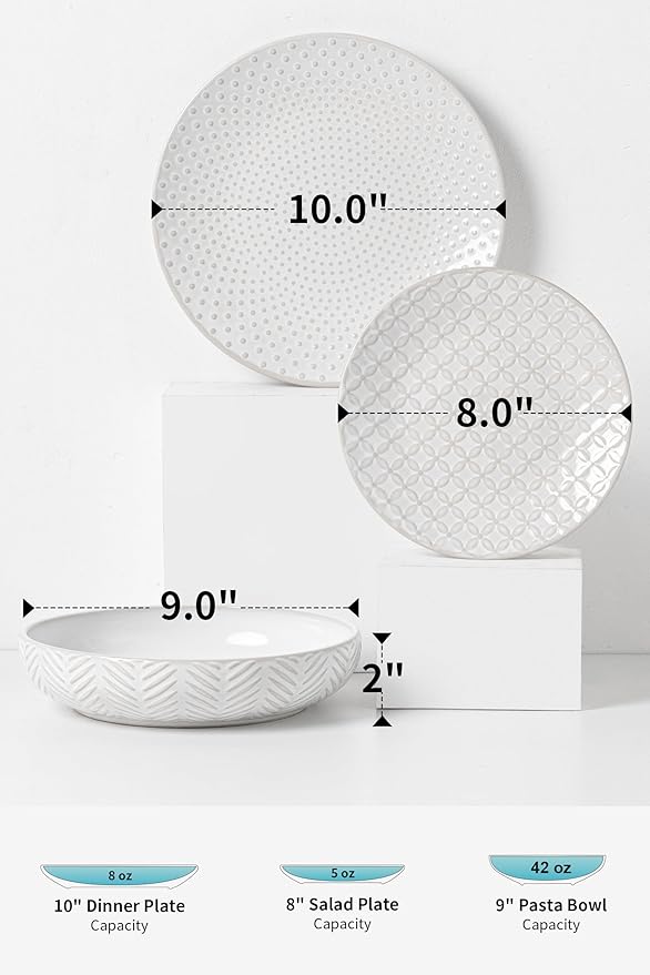 FOBENTA 18-Piece Embossed Ceramic Dinnerware Set–6 Dinner Plates,6 Salad Plates,6 Pasta Bowls,Elegant & Durable Tableware,Dishwasher & Microwave Safe,Perfect for Family & Entertaining