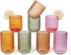 Set of 8 Dopamine-colored-match Ribbed Glassware,4 Highball Glasses 14oz & 4 Rocks Drinking Glasses 9oz, Origami Style, Fluted Design, for Daily use, Water, Cocktail, Whiskey, Kitchen, Gift