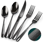 Black Silverware Set, PUREAIN 30 Pieces Black Hammered Flatware Set for 6, Mirror Polished Stainless Steel Cutlery Set for Home, Kitchen, Restaurant and Hotel, Dishwasher Safe
