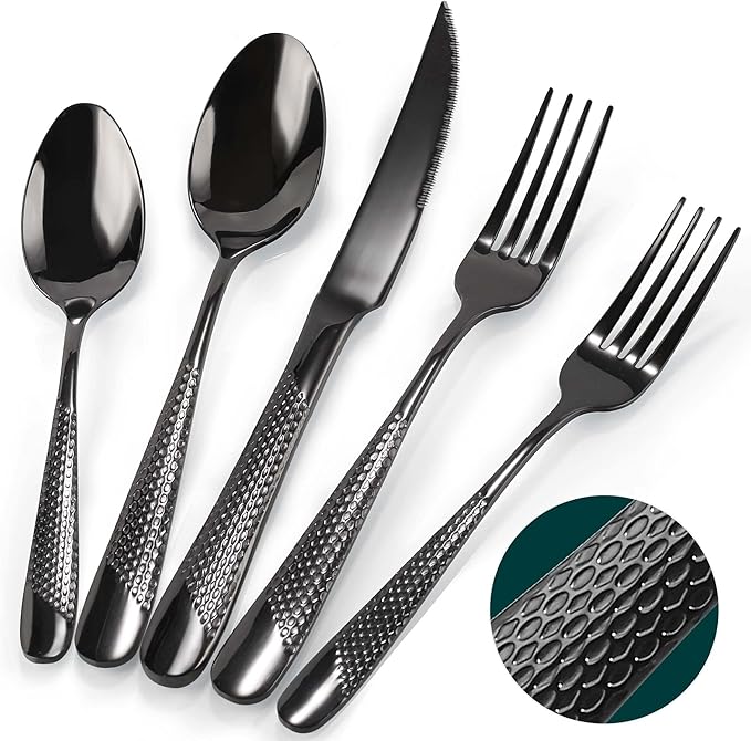 Black Silverware Set, PUREAIN 30 Pieces Black Hammered Flatware Set for 6, Mirror Polished Stainless Steel Cutlery Set for Home, Kitchen, Restaurant and Hotel, Dishwasher Safe