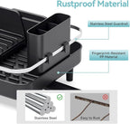 Urackify Expandable Dish Rack for Kitchen Counter,16.14"-23.62" Large Stainless Steel Dish Drying Rack with Adjustable Water Spout, Space Saving Dish Drainer with Auto Draining Cutlery Holder,Black