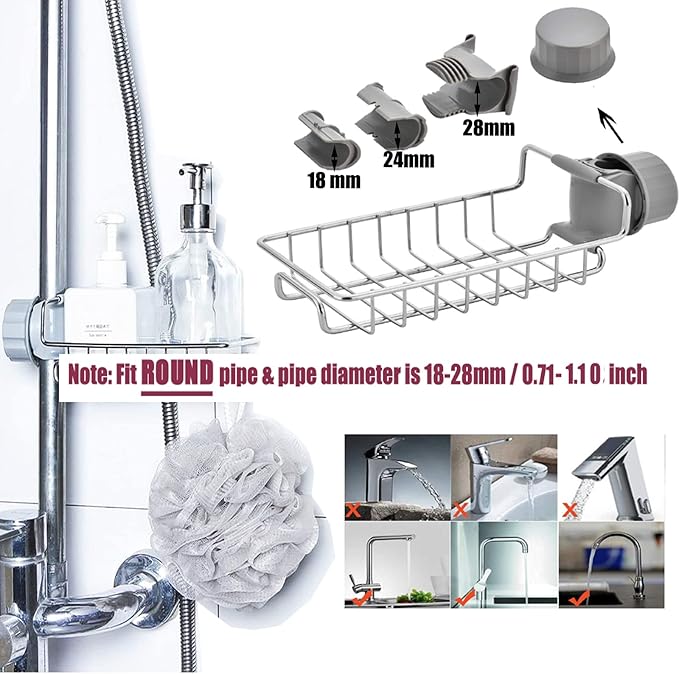 iPstyle Kitchen Sink Caddy Organizer Over Faucet Sponge Holder, Stainless Steel Heavy Duty Thickening Hanging Faucet Drain Rack for Scrubbers, Soap, Bathroom, Detachable No Suction Cup or Magnet