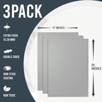 Non Stick Oven Liners for Bottom of Oven, 3 Pack Large Heavy Duty Mats, 17” x 25” BPA and PFOA Free Reusable Mat for Toaster Electric Gas Stove Microwave Charcoal or Gas Grills (Silver)