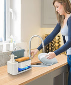 Hand and Dish Soap Dispenser Set with Tray, Dual Soap Dispenser with Sponge Holder and Dishcloth Holder 5-in-1 Organizer for Kitchen Sink Countertop Storage Organize - Useful Kitchen Gadgets (White)