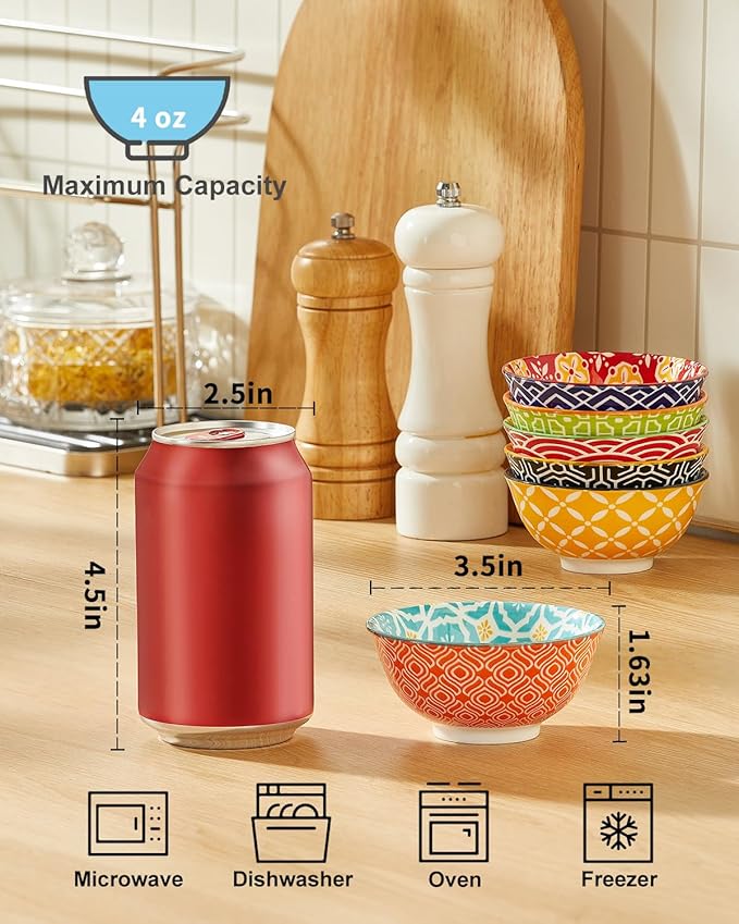 Metahom Ceramic Dipping Bowls, 3.5 inch Small Bowls for Dipping, 4oz Mini Bowl for Soy Sauce, Condiments, Side Dishes, Charcuterie Boards, Set of 6