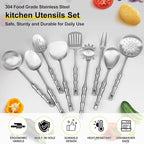 18/10 Stainless Steel Cooking Utensils Set,9pcs Metal Kitchen Utensil Sets 14 inch Long Heavy Duty Kitchen Tools Dishwasher Safe, Include Soup Ladle, Slotted Skimmer Spoon, Spaghetti