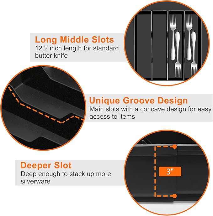 Large Kitchen Silverware Organizer - Expandable 17.2" x 17.9" Adjustable Drawer Tray, 4-7 Compartments for Maximum Storage, BPA-Free, Black,L