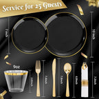 KIRE 175Pcs Black Plates Disposable - Heavy Duty Black and Gold Plastic Plates- 25 for Dinner 25 for Dessert 25 Pre Rolled Gold Silverware and 25 Cups for Graduation/Birthday Party/Wedding