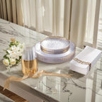 DaYammi 175PCS Clear Gold Plastic Dinnerware Set, Plastic Plates Disposable Hammered Disposable Plates for Party, Include: 25 Dinner Plates 25 Dessert Plates 75 Gold Silverware 25 Napkins 25 Cups