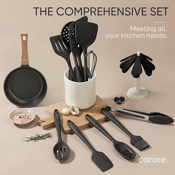 CAROTE Kitchen Utensil Set for Nonstick Cookware - 446°F Heat Resistant Silicone Cooking Utensils Set 10pcs, Dark Grey, Oderless Spatula, Turner