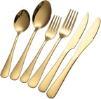 GPY Gold Silverware Set with Steak Knives, 36-Piece Stainless Steel Flatware Set Service for 6, Titanium Plated Gold Cutlery with Mirror Finish, Dishwasher Safe for Wedding, Party & Gift