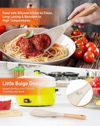 Cooking Spoon and Rice Scooper for Nonstick Cookwares, Great for Cooking and Serving Sturdy BPA-Free Matte Silicone, Wood Handle Spoon for Mixing, Scoop, and Scrape (KHAKI)