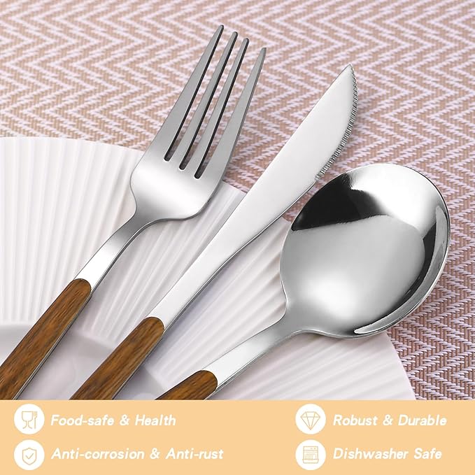 20-Piece Silverware Set with Cake Fork, Stainless Steel Flatware Cutlery Set for 4, Tableware Eating Utensils Set with Wooden effect Handle, Include Knife Fork Spoon, Mirror Finish, Dishwasher Safe