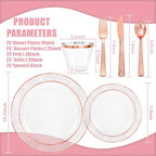 Ciaell 150PCS Rose Gold Plastic Plates – Disposable Plates with Rose Gold Plastic Silverware include 50Plates, 25Forks, 25Knives, 25Spoons, 25Cups for Wedding & Party