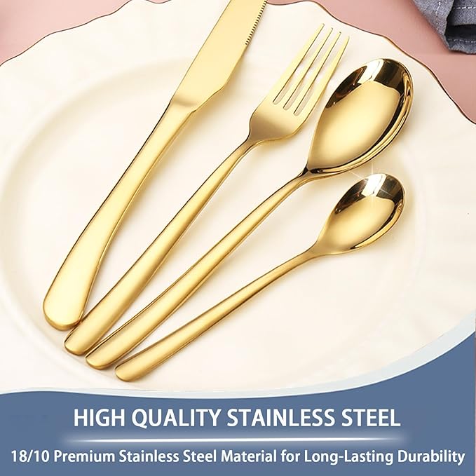 24 Pieces Flatware Set, Stainless Steel Cutlery Set with Silverware Holder, Spoons Forks Knives Set,Hanging Silverware Set Service for 6,Dishwasher Safe (Gold)