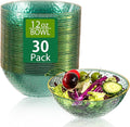 I00000 30 Pack 12 Ounce Clear Green Plastic Bowls Serving Bowls Hammered with Gold Rimmed, Heavy Duty Disposable Bowl Set,Small Bowls for Party Picnic