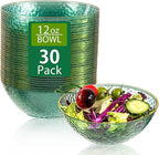I00000 30 Pack 12 Ounce Clear Green Plastic Bowls Serving Bowls Hammered with Gold Rimmed, Heavy Duty Disposable Bowl Set,Small Bowls for Party Picnic