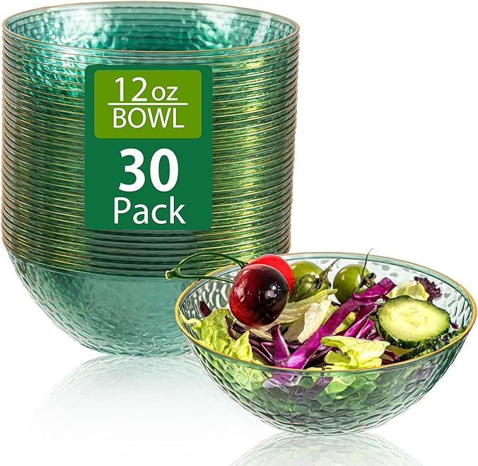 I00000 30 Pack 12 Ounce Clear Green Plastic Bowls Serving Bowls Hammered with Gold Rimmed, Heavy Duty Disposable Bowl Set,Small Bowls for Party Picnic