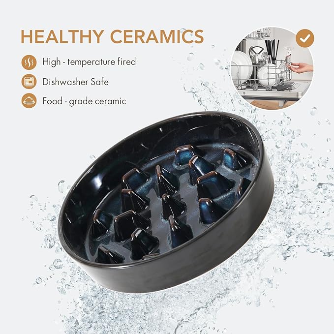 Havniva Ceramic 3.2 Cup Dog Bowl Slow Feeder, 9.5 inch Slow Pet Food Dish for Large Dog, Stop Bloat, Preventing Choking(Single Bowl, Starry Sky)