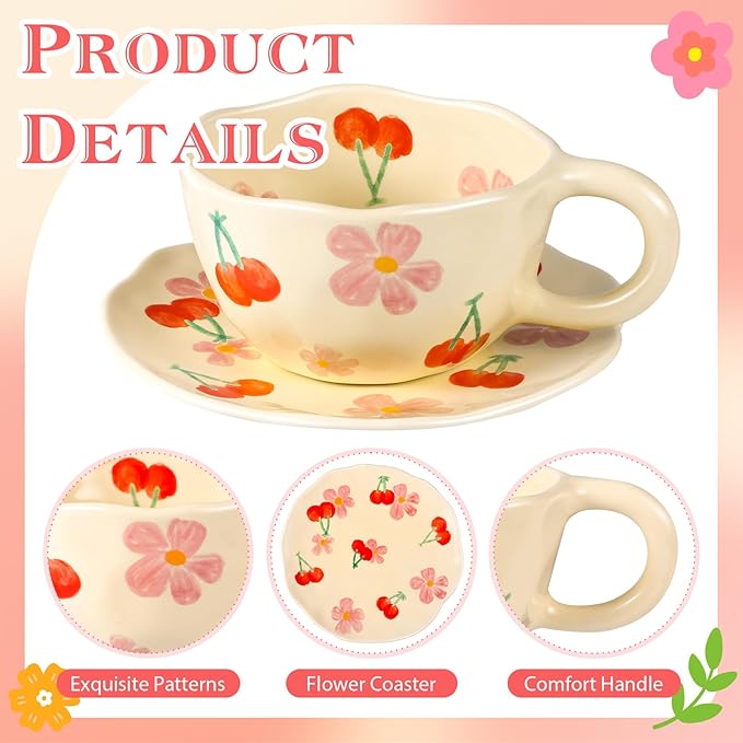 Cappuccino Cup with Saucers Set of 4 Ceramics Coffee Mugs 8 oz Latte Art Cup Vintage Aesthetic Flower Barista Cups for Americano, Tea, Espresso,Mocha, Milk - Microwave and Dishwasher Safe