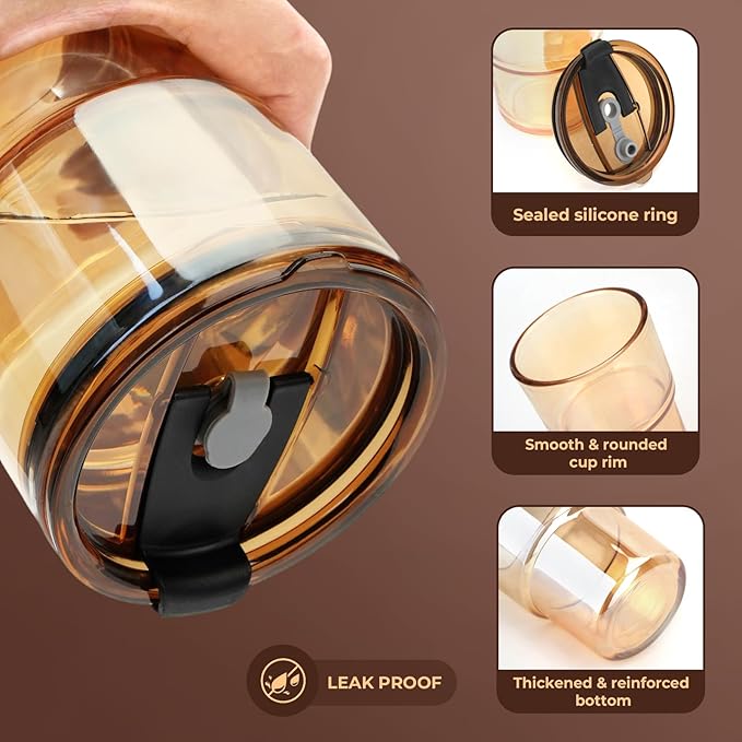 Zukro 13 oz Glass Iced Coffee Cups with Lid and Straw, Leak Proof Glass Tumbler for Ice Tea, Water, Non-Slip Silicone Bottom, Thick Wall Drinking Glasses for Home/Office, BPA Free, Amber & Shrimmer