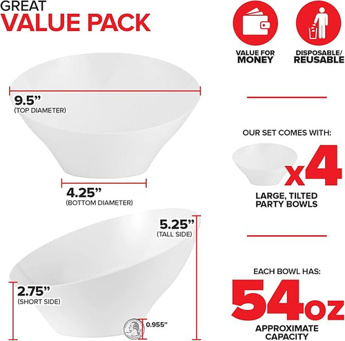 54oz White Plastic Serving Bowls (4 Pack) Large Disposable Snack Bowl Candy Dishes, Buffet Containers, Chips, Popcorn, Snacks, Punch, Salad Bar, Parties, Office Desk, Bridal Shower, Party Supplies