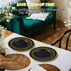 GATHER 700PCS Black Plastic Plates - Gold Disposable Plastic Dinnerware Set Include 200 6.3inch/9inch Black Plates, 300 Silverware, 100 Napkins, 100 Cups for Party & Wedding & Birthday
