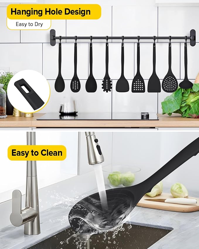 Silicone Cooking Utensils Set, 9 Pcs Heat Resistant Kitchen Utensils with Back Hooks, BPA Free Kitchen Tools with Spatulas, Spoons, Skimmer and Pasta Fork for Non Stick Cookware (BLACK)