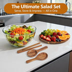 Anyvape Glass Salad Bowl Set, Extra Large 4.8QT Serving Bowl with Acacia Wood Lid & Utensils – Heavy-Duty Glass Bowl for Salad, Mixing, Parties & Charcuterie
