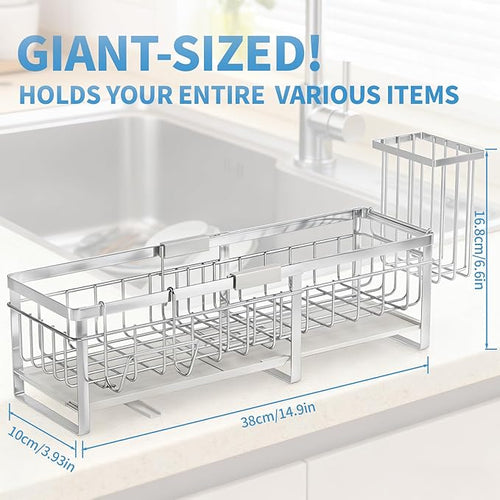 Aurblozen Extra Large Extendable Sponge Holder for Kitchen Sink, Rustproof Sink Caddy Organizer with High Brush Holder, Dish Soap Dispenser Organizers and Storage (Stainless Steel)