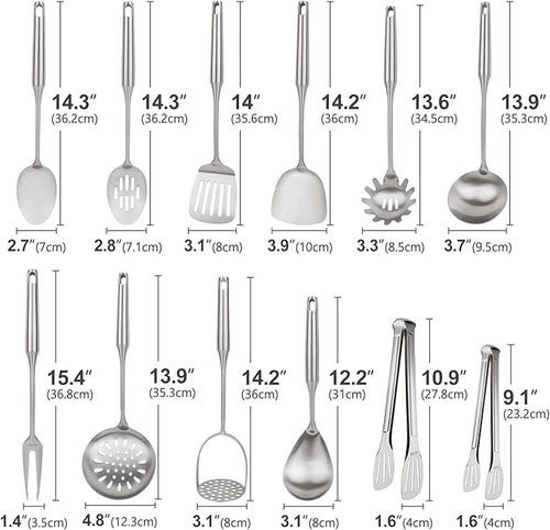 18/10 Stainless Steel Cooking Utensils Set,12pcs Metal Kitchen Utensils Set Dishwasher Safe, Heat Resistant Wok Tools Set for Cooking Enthusiasts