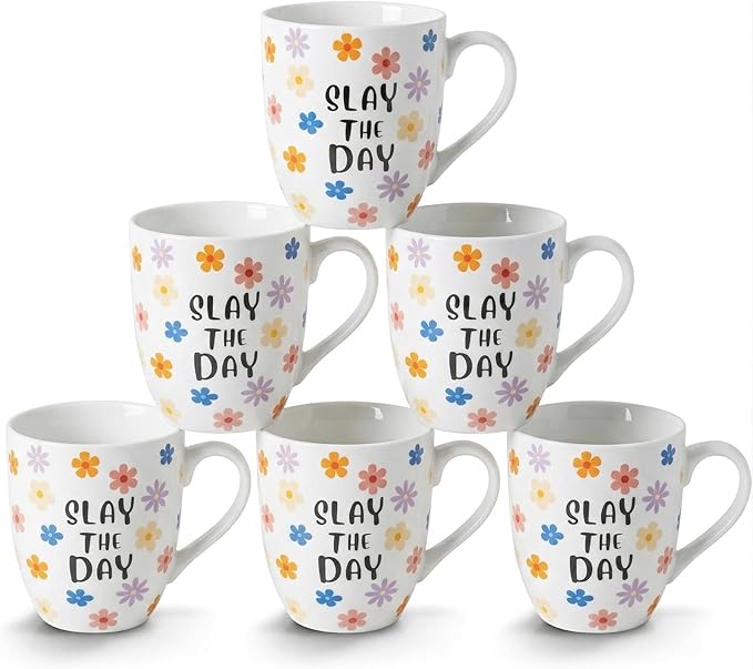 16 OZ Coffee Mugs Set of 6, Aesthetic Cute Cups with Retro Floral Pattern, Inspirational Affirmation Gifts for Women, Coworkers, Friends, Ceramic, (White)