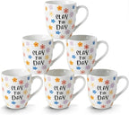 16 OZ Coffee Mugs Set of 6, Aesthetic Cute Cups with Retro Floral Pattern, Inspirational Affirmation Gifts for Women, Coworkers, Friends, Ceramic, (White)
