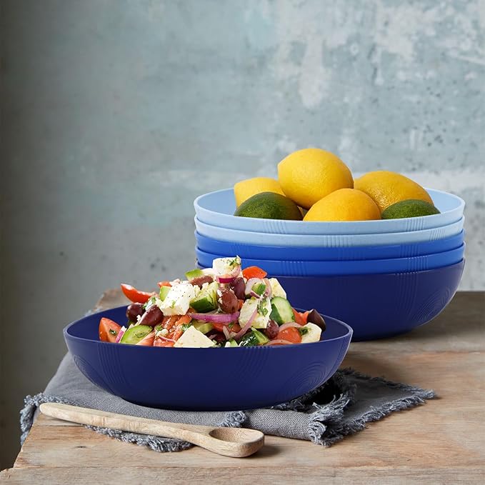 Wrova 10inch Wheat Straw Big Bowls Set of 6 - Large Salad Bowls 65oz set of 6 - Unbreakable Serving Bowls Microwave & Dishwasher Safe for restaurant - Big Plastic Bowls for Cereal,Salad - Ocean Series