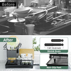 2 Tier Dish Drying Rack, Drying Rack with Automatic Drainboard, Dish Racks for Kitchen Counter, Rustproof Dish Drainer with Removable Utensil Holder, Cups Holder, Black