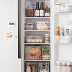 MineSign Stackable Fridge Drawer Pull-Out Bins with Handles 3 Pack Large Clear Food Container with Removable Dividers Refrigerator Storage box Divided Produce Saver for Pantry Kitchen